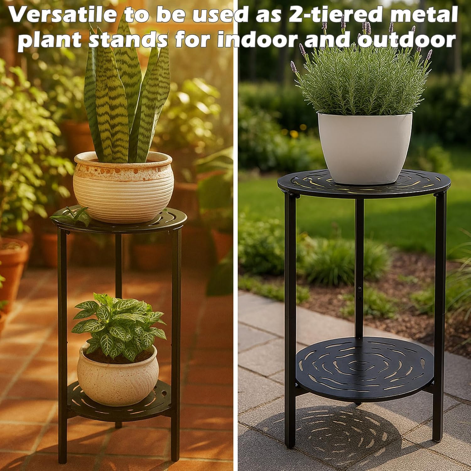2-Tier Metal Round Side Table Black Accent Coffee Tables Small Space Corner Plant Stand Shelf for Indoor Outdoor Use Patio Balcony End Table Laser-Cut Floral Pattern Weather-Resistant