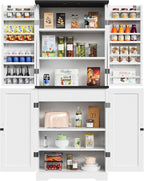 Vongrasig Kitchen Pantry Storage Cabinet with Barn Doors, Drawer and Adjustable Shelves, 6-Tier Tall Rustic Wood Cupboard Locker for Kitchen, Dining Room, Living Room, Bathroom, (White)