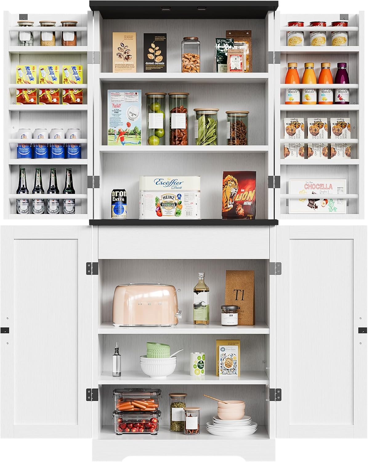 Vongrasig Kitchen Pantry Storage Cabinet with Barn Doors, Drawer and Adjustable Shelves, 6-Tier Tall Rustic Wood Cupboard Locker for Kitchen, Dining Room, Living Room, Bathroom, (White)