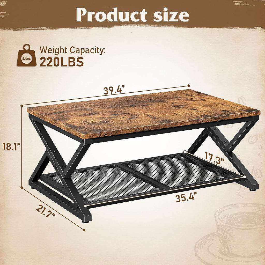 EnHomee Coffee Table with Storage & Shelf for Living Room, Rustic Brown