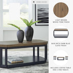 Signature Design by Ashley Landocken Contemporary Occasional Table Set with Open Shelves and Casters, Set of 3, Light Brown & Blue
