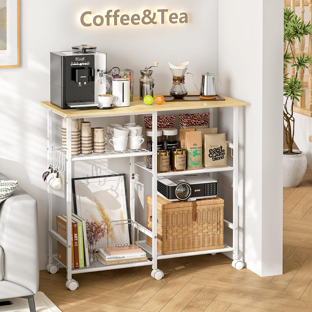 ThreeHio Kitchen Island cart with Storage, Mobile Kitchen Cart with 4 Hooks and Adjustable Shelf on Wheels, Rolling Microwave Stand Coffee Bar Baker's Rack Utility Cart for Kitchen, Dinning Room,White