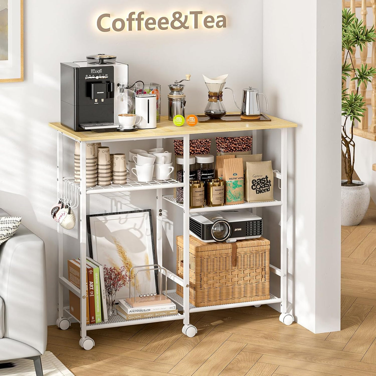 ThreeHio Kitchen Island cart with Storage, Mobile Kitchen Cart with 4 Hooks and Adjustable Shelf on Wheels, Rolling Microwave Stand Coffee Bar Baker's Rack Utility Cart for Kitchen, Dinning Room,White