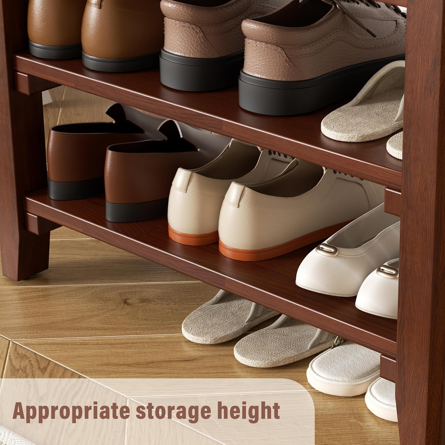 Shoe Rack Bench Mid Century Modern 2-Tier Shoe Rack Organizer for Entryway Hallway or Living Room Farmhouse Rustic Wooden Seat Bench Brown 11.8" Dx47.2 Wx16.5 H