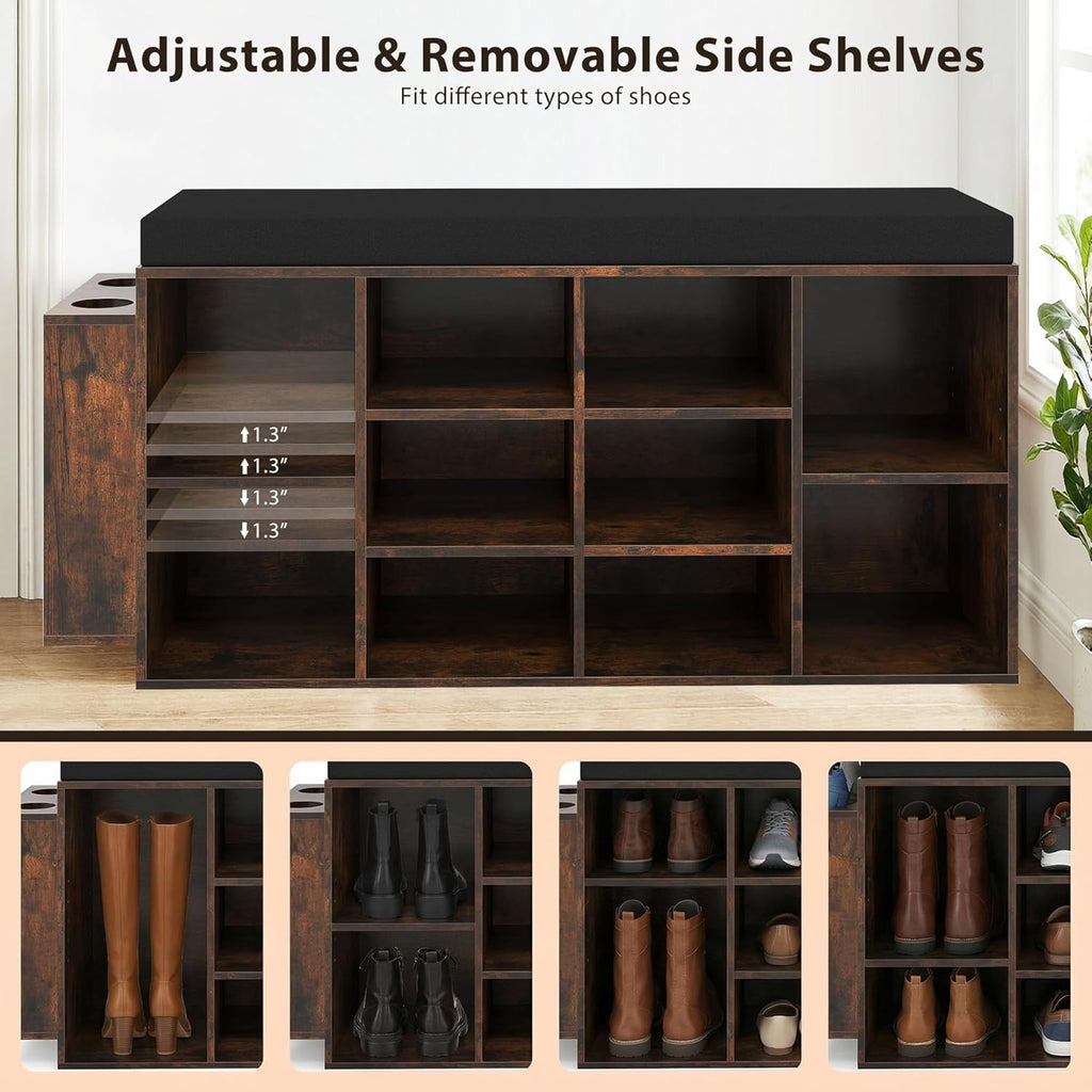 Tangkula Shoe Storage Bench with Umbrella Holder, 40" Shoe Organizer with Cushioned Seat, 10 Cubbies & Adjustable Shelves, Wooden Industrial Shoe Rack for Entryway, Living Room, Bedroom (Rustic Brown)