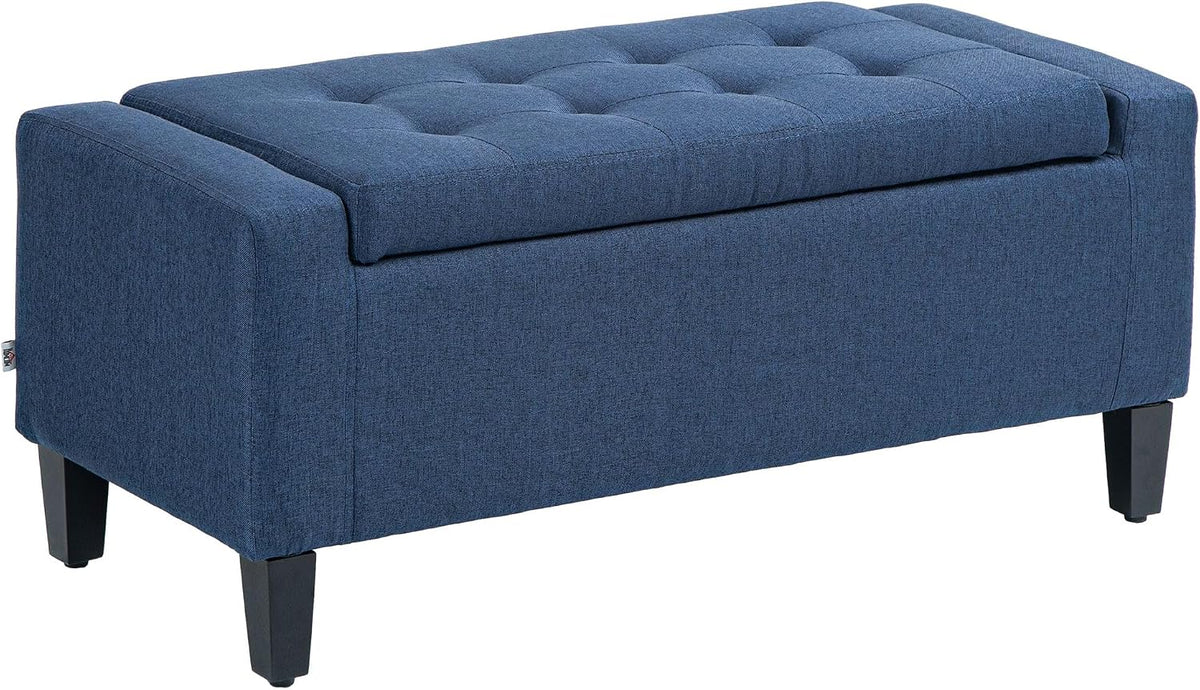 HOMCOM 36" Ottoman with Storage, Lift Top Rubberwood Legs 330 lb Dark Blue | Storage Ottoman Bench, Linen Upholstered Entryway Seat, Living Room, Bedroom