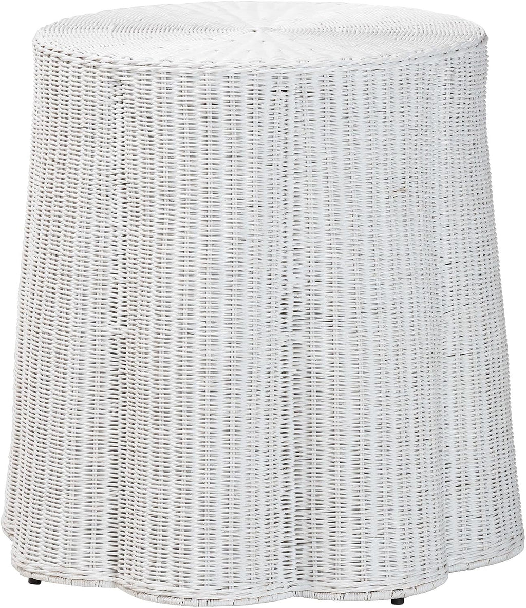 Bali & pari Palm Scallop Rattan Console Table – Handwoven Wicker Round Accent Table for Living Room, Sunroom or Foyer Place, Coastal Boho Style in White
