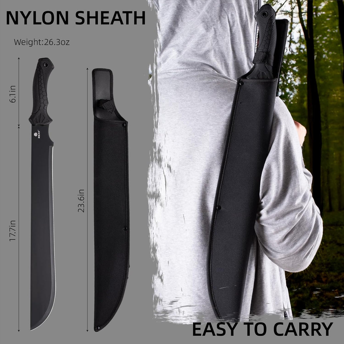 REAT Machete Heavy Duty with Sheath,24-inch Full Tang 420 Stainless Steel Blade,Non-silp Rubber Handle for Yard Work, Cutting Trees,Camping,Outdoor (Black)