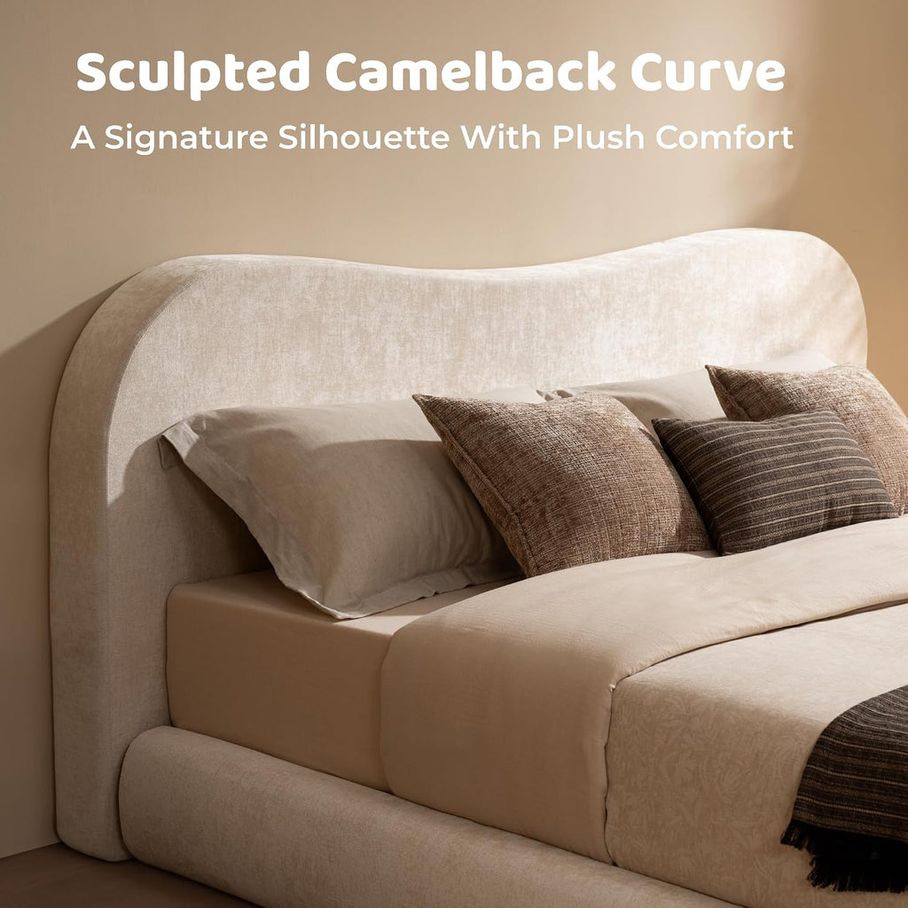 RECCI AirFrame Queen Upholstered Bed Frame with Camelback Curved Headboard
