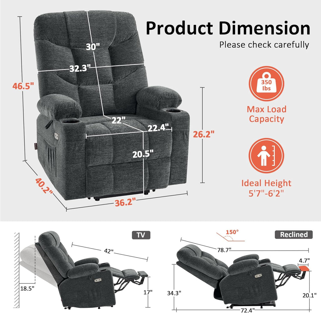 MCombo Power Lift Recliner Chair with Extended Footrest for Elderly People, Fabric 7283 (Dark Gray, Large)