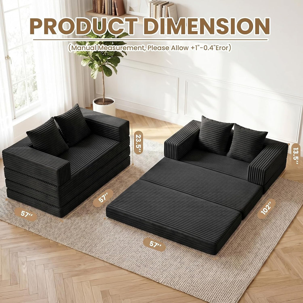 Loveseat Sofa Bed,Small Couch Bed Futon Sleeper Sofa,Convertible Pull Out Couch with Removable Armrests Backrest,Corduroy Folding Floor Couch for Living Room,Small Space,Black