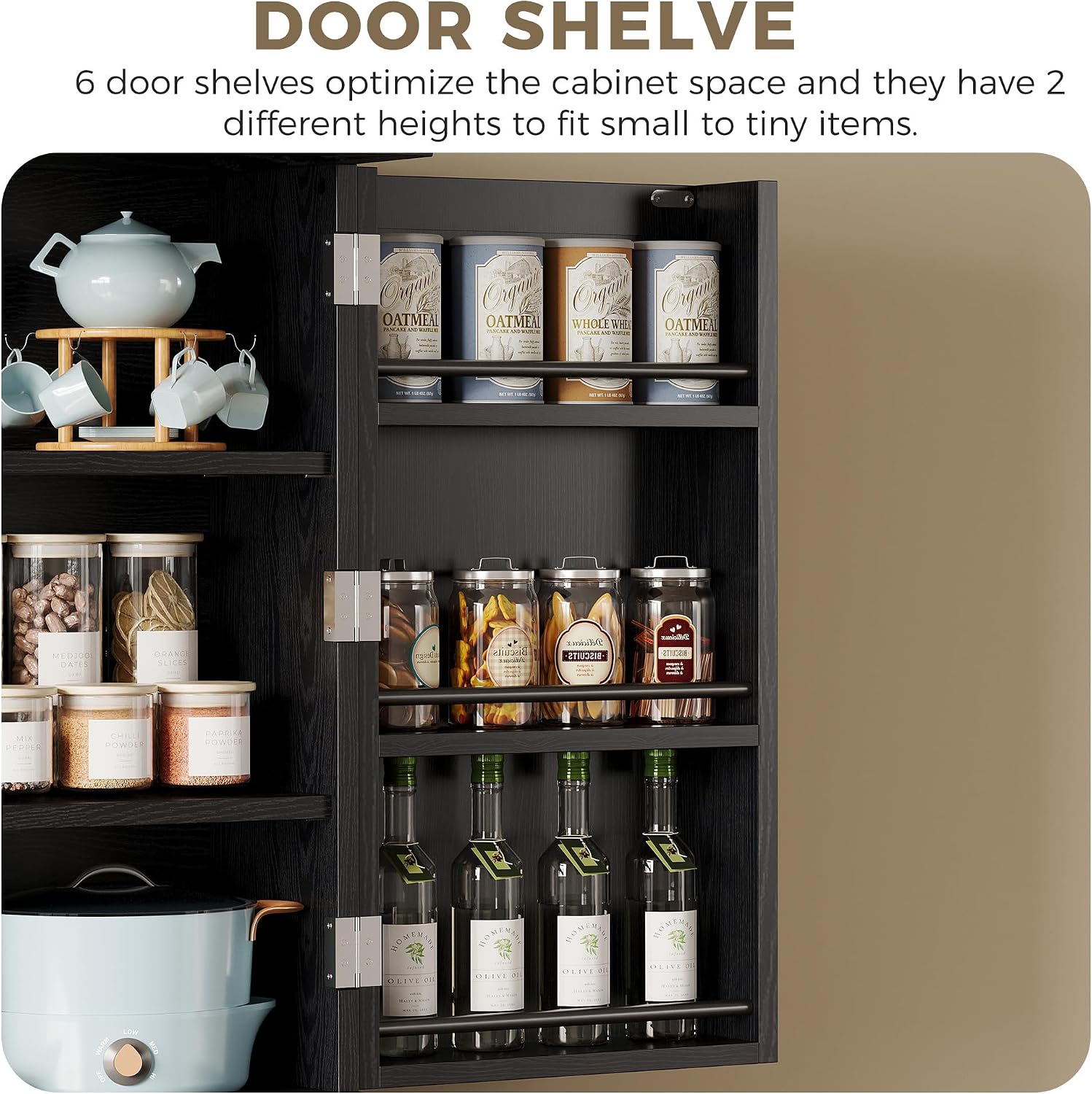 IRONCK 72" Farmhouse Kitchen Pantry Cabinet with Sliding Storage Rack,Black | Tall Freestanding Cupboard with 6 Hanging Shelves for Kitchen, Dining Room