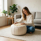 Round Pouf Cover, Premium Leather Ottoman Cover 19in / 48cm, Unstuffed Floor Pouf with Handcrafted Embroidery, Boho Footrest for Living Room, Meditation Cushion, Home Decor (Grey)