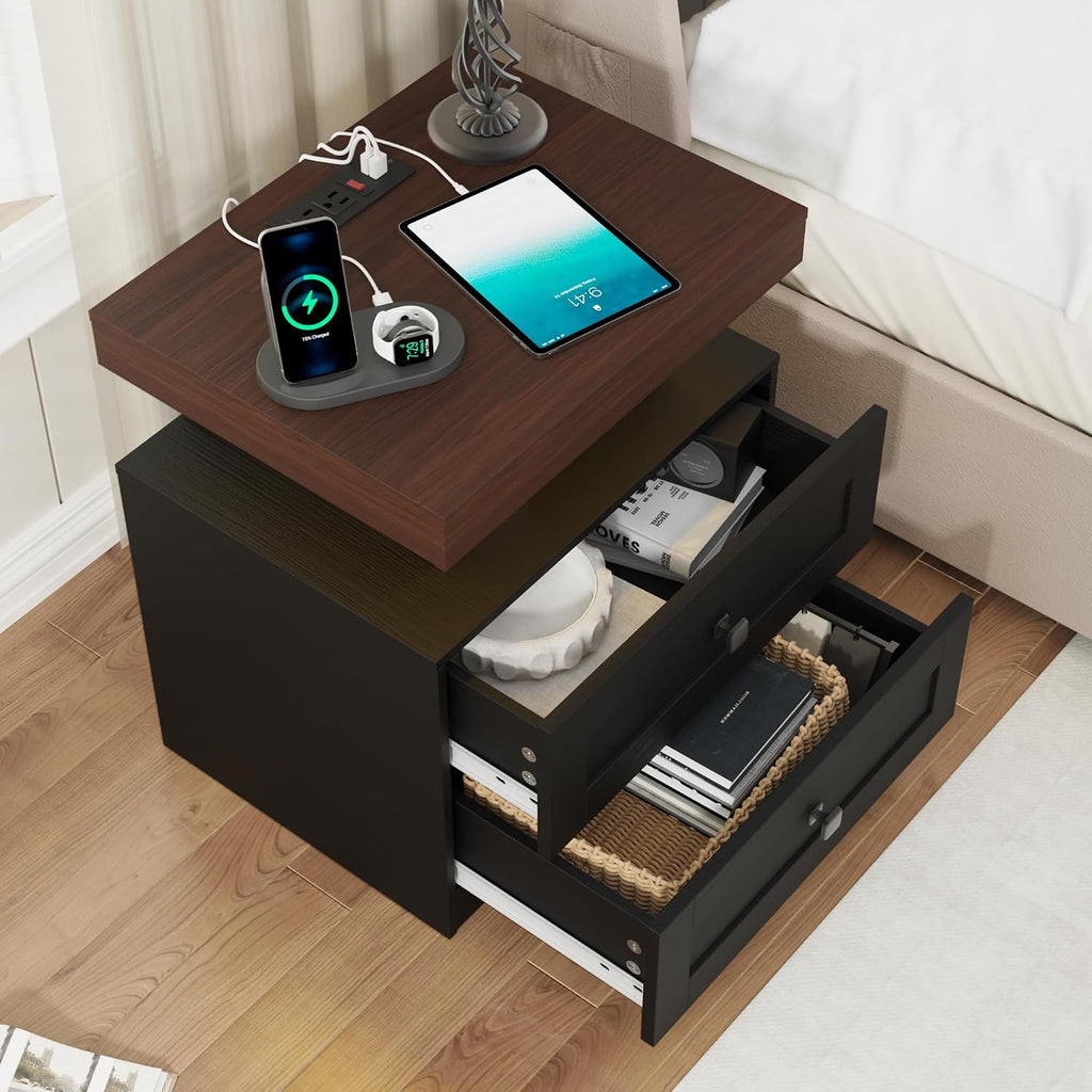 MHOM Farmhouse LED Nightstand Set of 2, Wood Bedroom Side Table with Charging Station, Rustic End Table with Drawers for Bedroom, Antique Black