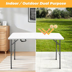 4ft Portable Folding Table, Indoor Outdoor Plastic Dining Table w/Handle, Fold-in-Half Utility Foldable Table for Camping, Picnic and Party, White