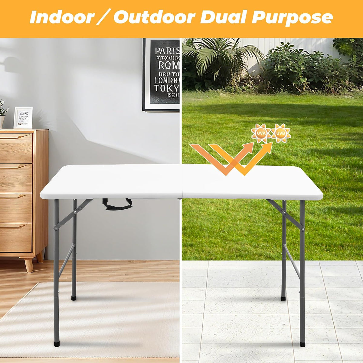 4ft Portable Folding Table, Indoor Outdoor Plastic Dining Table w/Handle, Fold-in-Half Utility Foldable Table for Camping, Picnic and Party, White