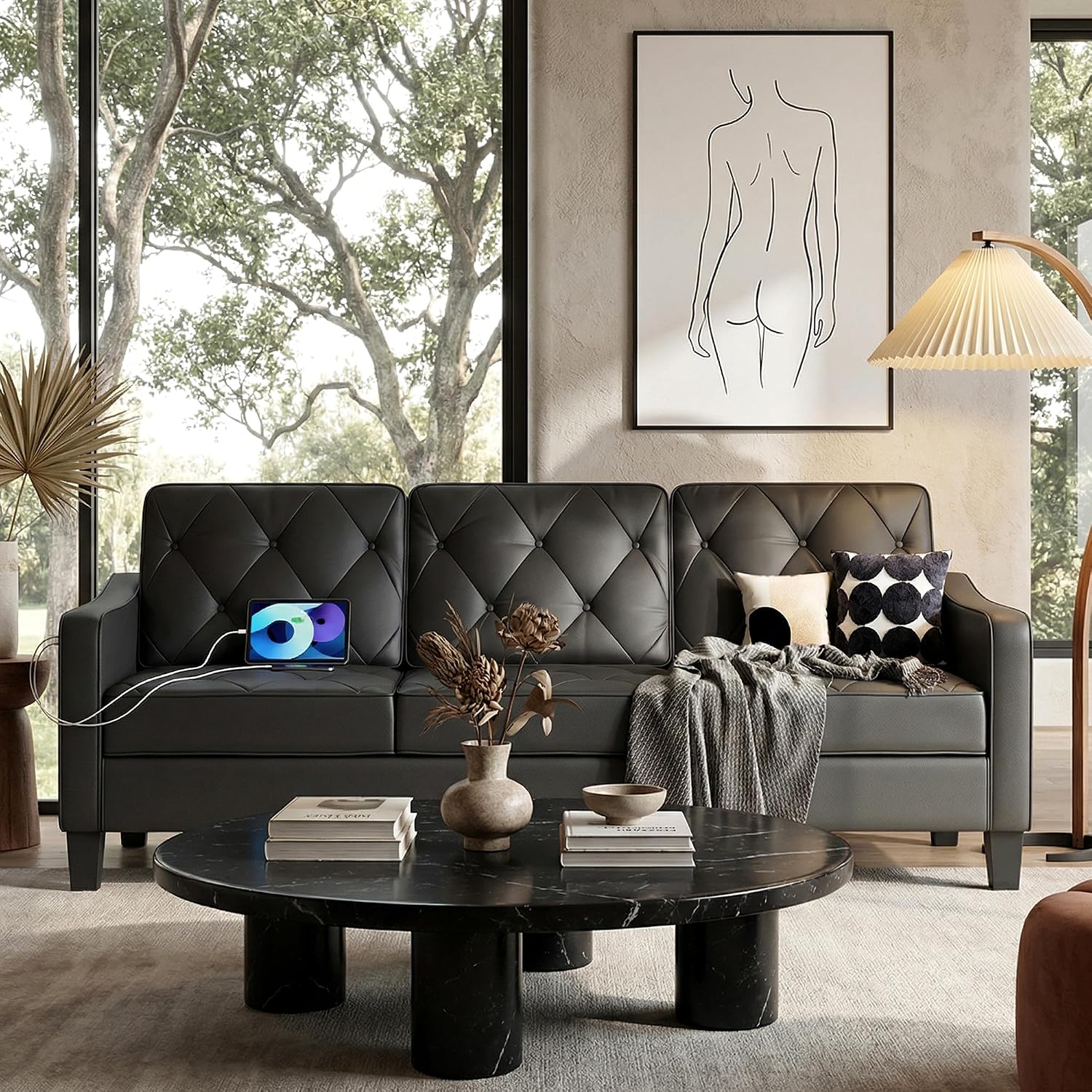 83" Black Faux Leather 3 Seater Couch, Mid Century Tufted Sofa Living Room | STHOUYN Office Couch, Tufted Design, High Resilience Foam, 700 lb Capacity, Easy Assembly, Waiting Room Area, Small Couches