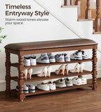 Homleke Solid Wood Shoe Storage Bench with Cushion,Classic Turned Ball Legs | 3-Tier Tall Entryway Bench with Leather Seat, Holds Up to 12 Pairs, for Hallway and Bedroom, Walnut, 39.4 Inch
