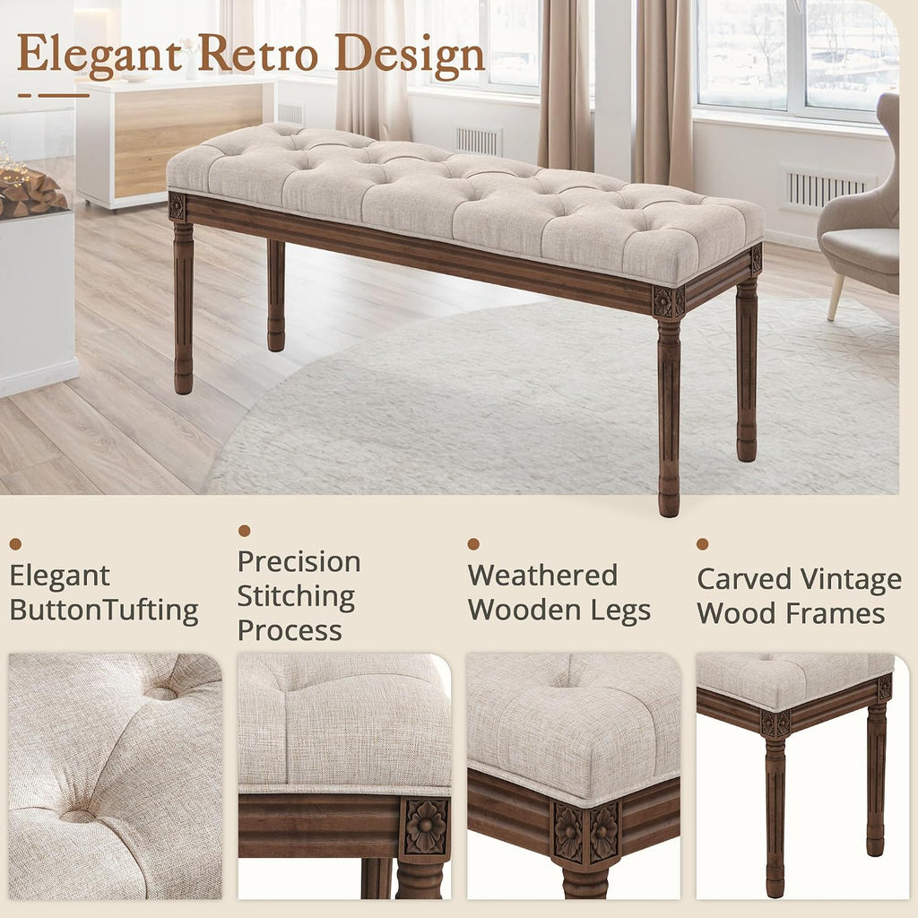 LUE BONA 44" Bedroom Bench, Fabric End of Bed Bench, Upholstered French Tufted Ottoman Bench with Carved Dark Brown Wood Legs for Bedroom End of Bed, Living Room, Linen