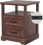 HOMMPA 18'' W Farmhouse Nightstand with Charging Station, Bedside Tables with Open Shelf, 2 Drawers End Table Dresser Side Table, Wood Night Stand for Bedroom, Cherry