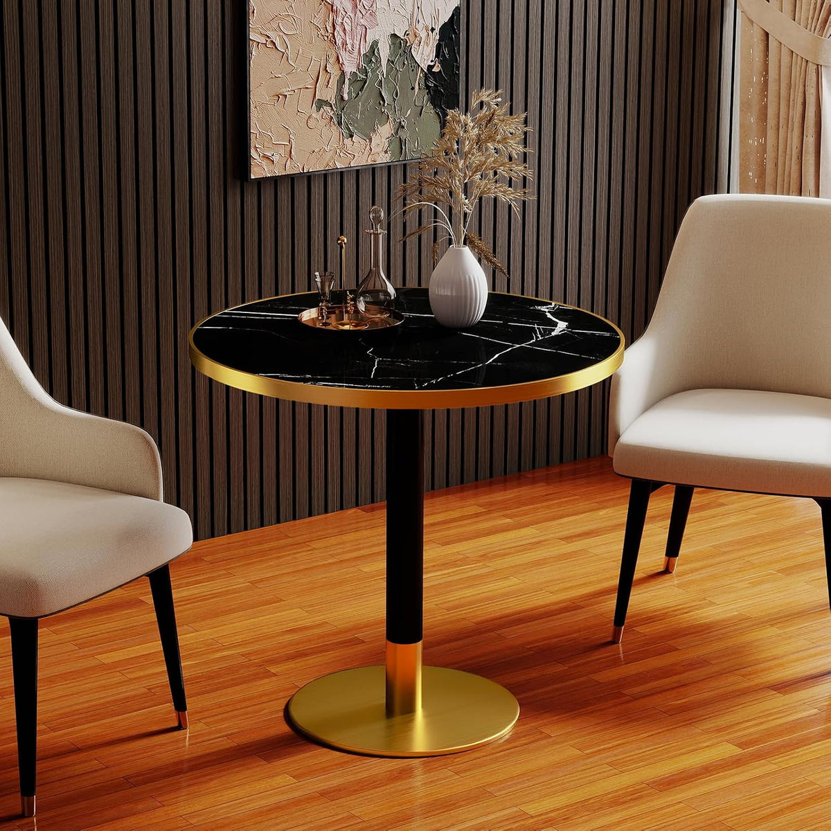 31.5" Round Tulip Table with 1.2" Thick Nero Marquina Sintered Stone Top (Marble Look) & Brushed Black Gold Frame, Modern Luxury Dining Table for 2-4 People for Kitchen Nook, Café & Patio