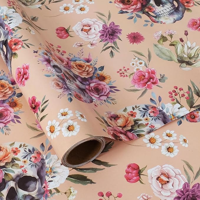 Aimyoo Gothic Wrapping Paper Roll, 17 Inch X 16.5 Fee Skull Floral Berry Design Gift Wrap Paper for Mother's Day, Birthday Bridal Shower