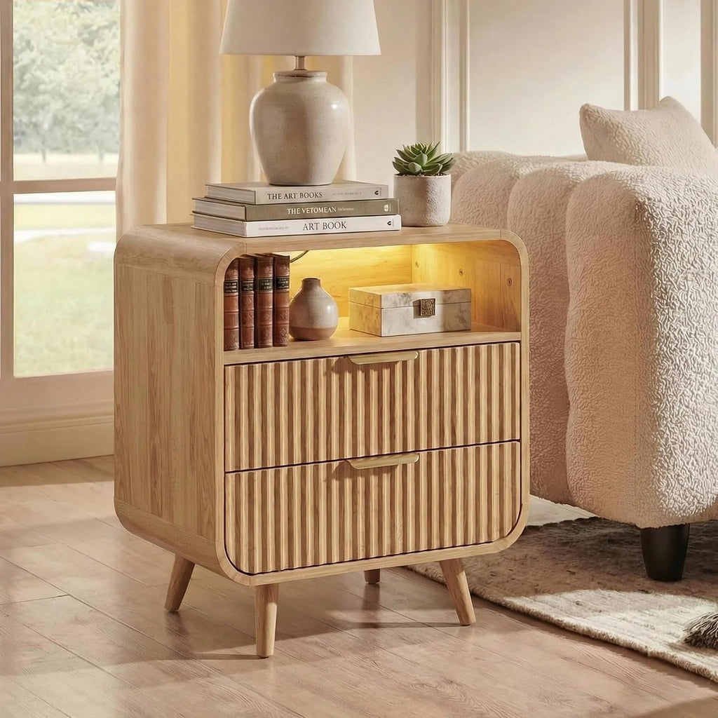 24" Curved Nightstand Set of 2,Night Stand with Charging Station & LED Light,Modern Fluted Bedside Table with 2 Drawers,Wooden End Table with Open Shelf for Bedroom,Natural