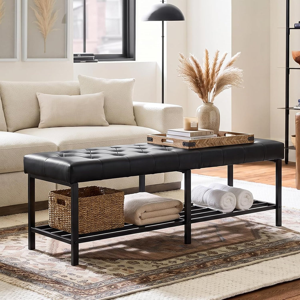 SOFTHION 55.5" End of Bed Bench, Faux Leather Entryway Bench, Black | Modern Leather Button Tufted Bedroom Bench, Upholstered Storage Shoe Bench with Metal Base for Living Room, Bedroom, Entryway