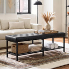 SOFTHION 55.5" End of Bed Bench, Faux Leather Entryway Bench, Black | Modern Leather Button Tufted Bedroom Bench, Upholstered Storage Shoe Bench with Metal Base for Living Room, Bedroom, Entryway