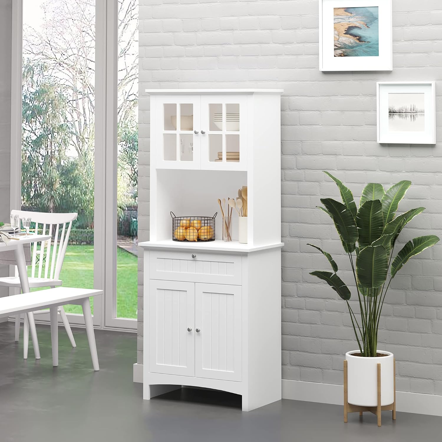 Elegant Buffet, Kitchen Pantry Storage Cabinet with Framed Glass Door Drawer and Microwave Space, White
