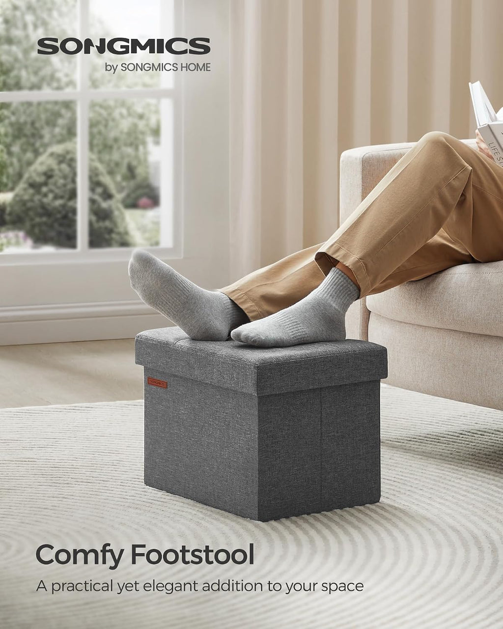 SONGMICS Small Folding Storage Ottoman, 15.7 x 12.2 x 12.2 Inches | Foot Rest Stool, 286 lb Load Capacity, Slate Gray and Ink Black, MINOTA Collection ULSF102G21