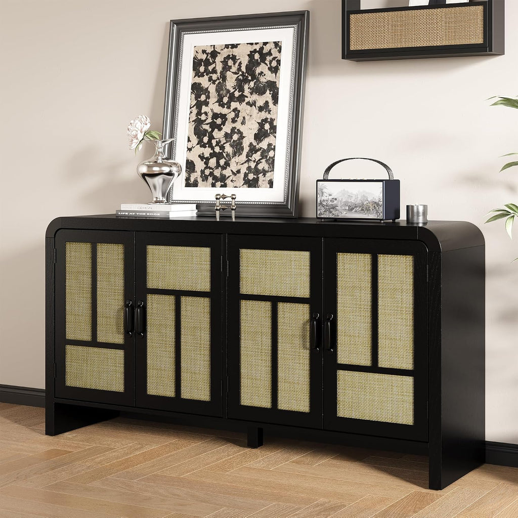 RoyalCraft Buffet Cabinet with Storage Sideboard Accent Farmhouse Credenza with 4 Doors & Shelves Rattan 59" Media Console Boho Coffee Bar Table for Living Room Kitchen Dining Room Hallway