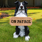 Border Collie Outdoor Dog Statue with Reversible “Welcome/ON Patrol” Plaque and Solar Path Lantern, Black & White Sitting Herding Dog Yard Accent