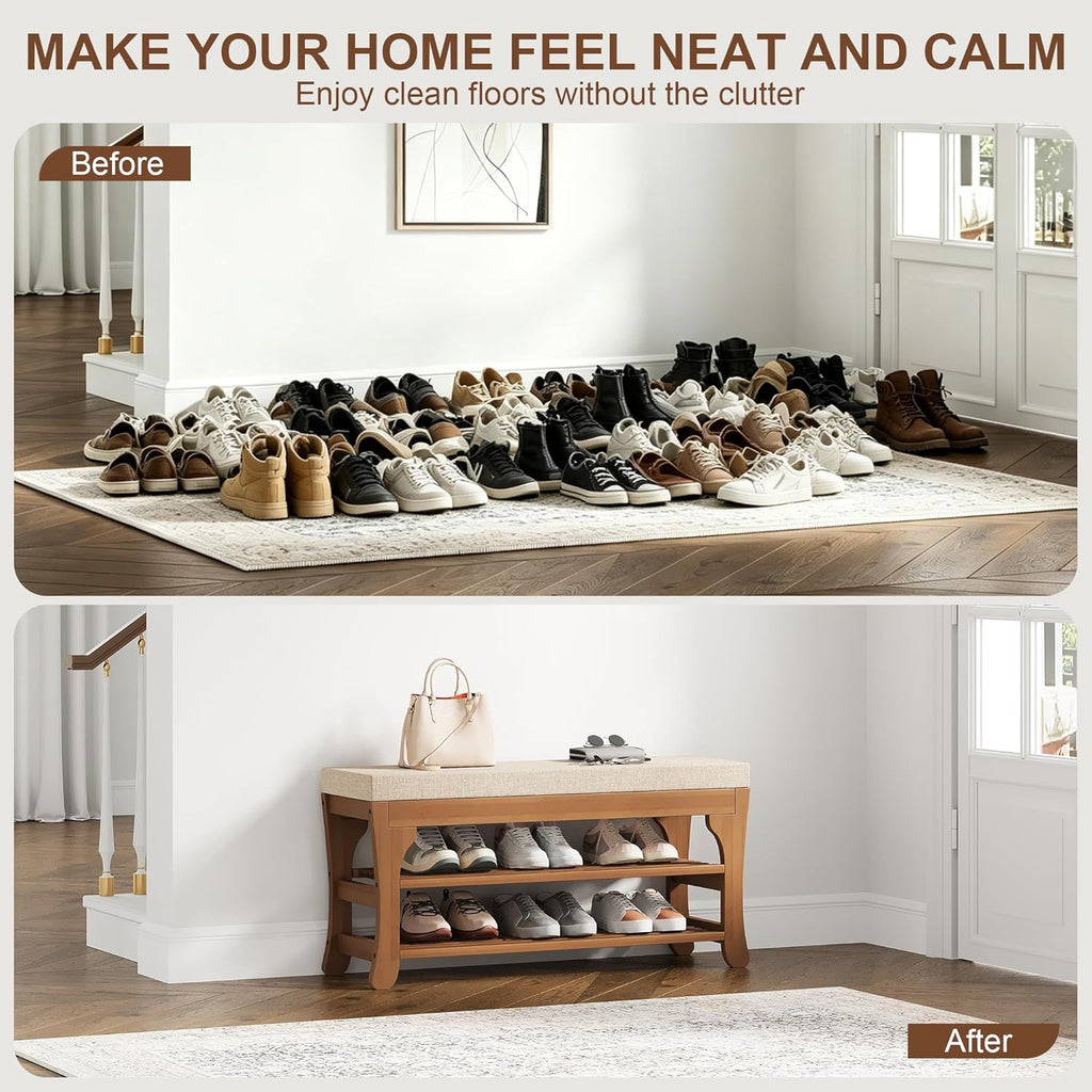 PETKABOO 27.6" Shoe Storage Bench with Cushion, Bamboo Shoe Rack Bench, 2-Tier Entryway Shoe Organizer, Supports up to 350 LB, for Hallway, Bedroom, Closet, Living Room