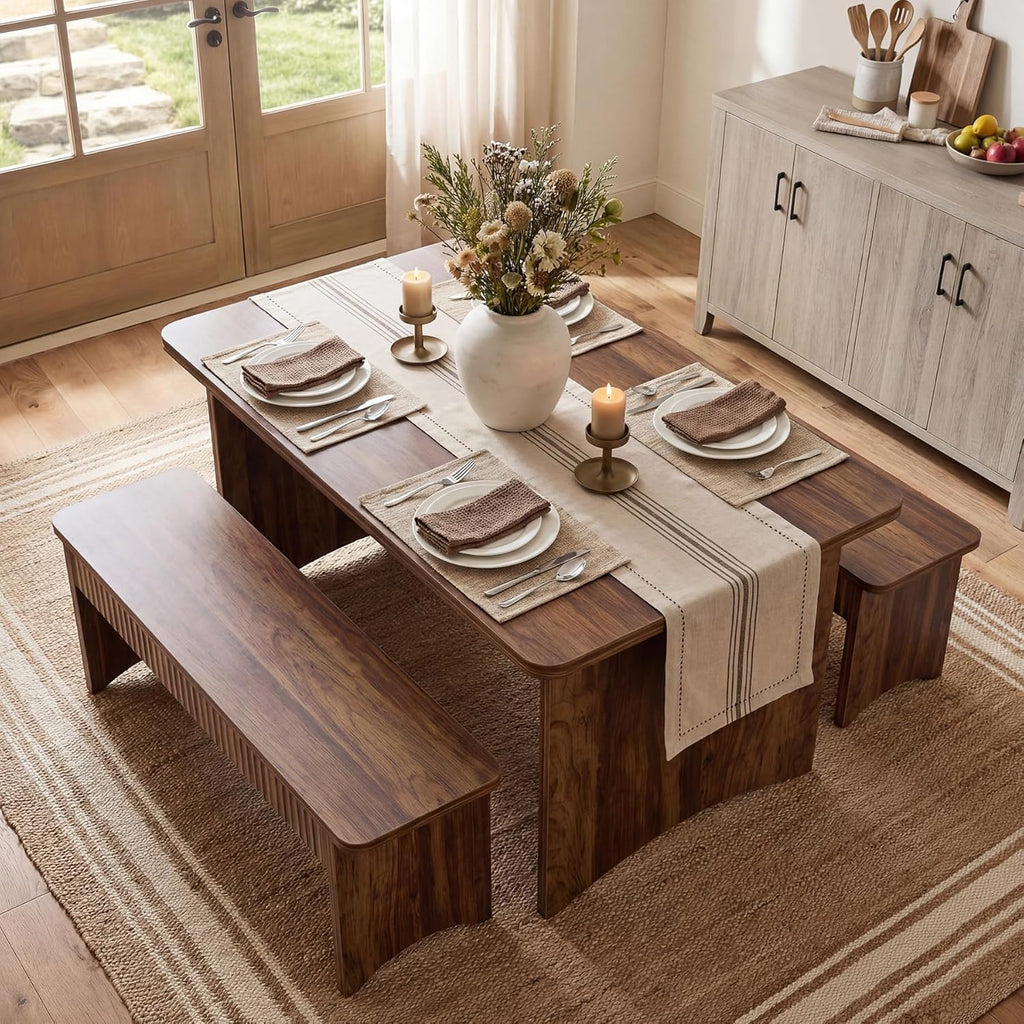 LITTLE TREE 55" Dining Table with 2 Benches, Dining Table Set for 4-6 People, Farmhouse Kitchen Table with Bench, Dining Room Table Set