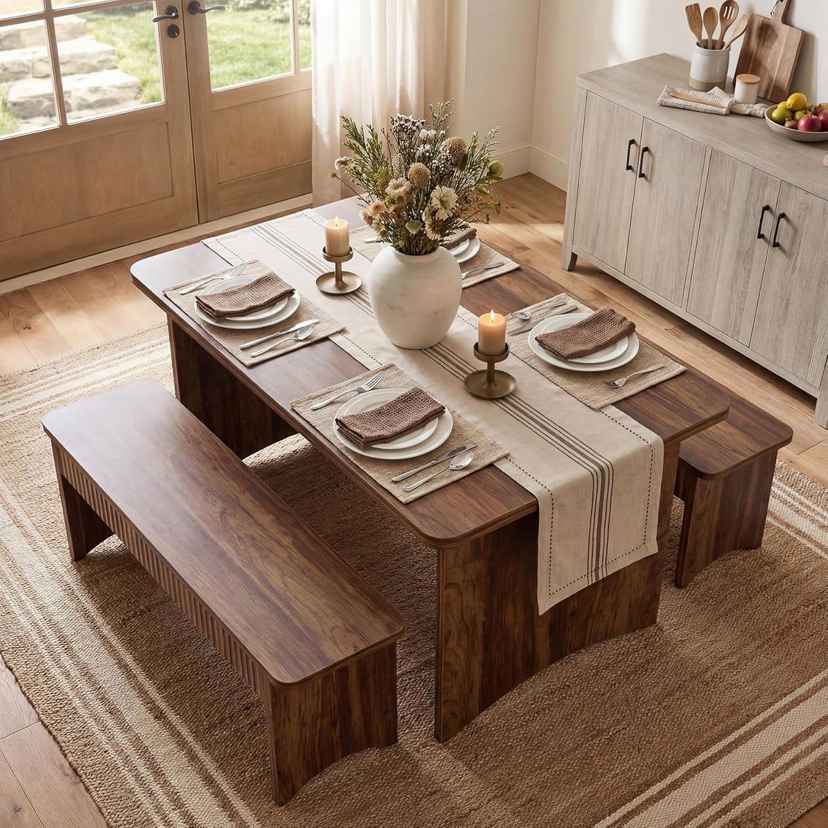 LITTLE TREE 55" Dining Table with 2 Benches, Dining Table Set for 4-6 People, Farmhouse Kitchen Table with Bench, Dining Room Table Set