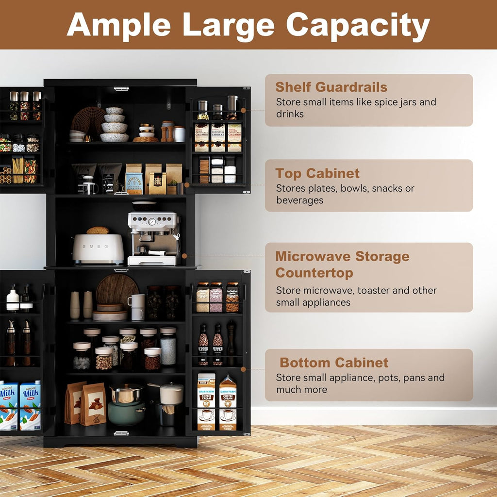 HLR 72" Kitchen Pantry Storage Cabinet with Open Countertop, Freestanding Larder Cupboard with Microwave Stand, Utility Laundry Room Storage Cabinet with Doors and Shelves for Dining Room, Living Room