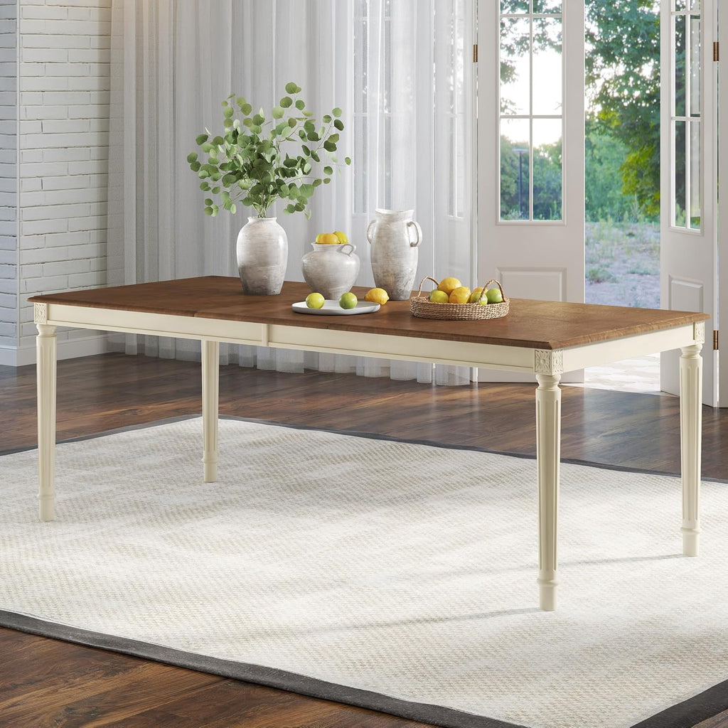 AMERLIFE 79 Inch Farmhouse Dining Table for 6 to 8, Large Rectangular Solid Wood Kitchen Dining Table with Roman Conical Legs, Rustic Dining Room Table for Family Gatherings, Rustic Cream