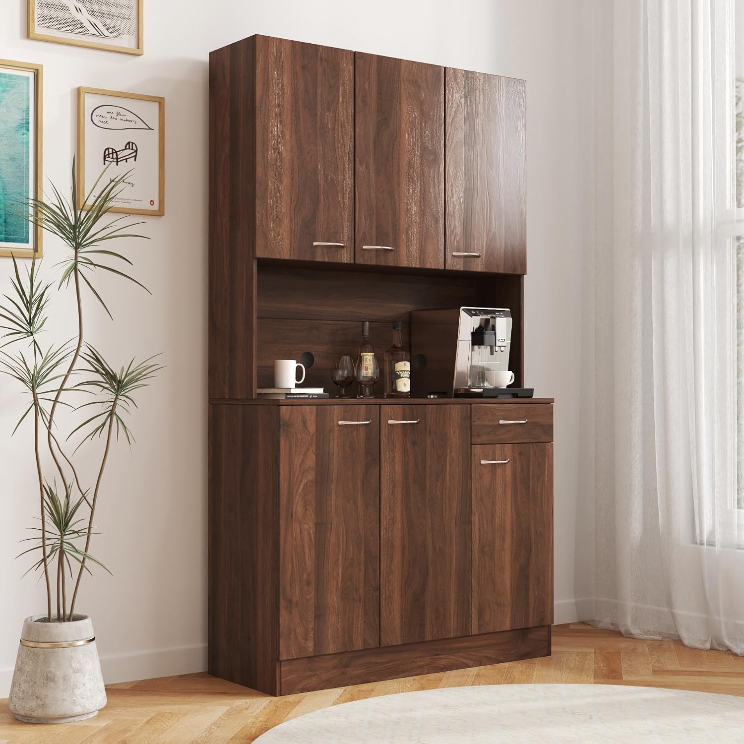 70.86" Tall Kitchen Pantry Cabinet with Open Countertop Freestanding Kitchen Hutch with Doors & Shelves & Drawer Wood Cupboard Large Pantry Cabinet Home Bar for Living Dining Room, Dark Walnut