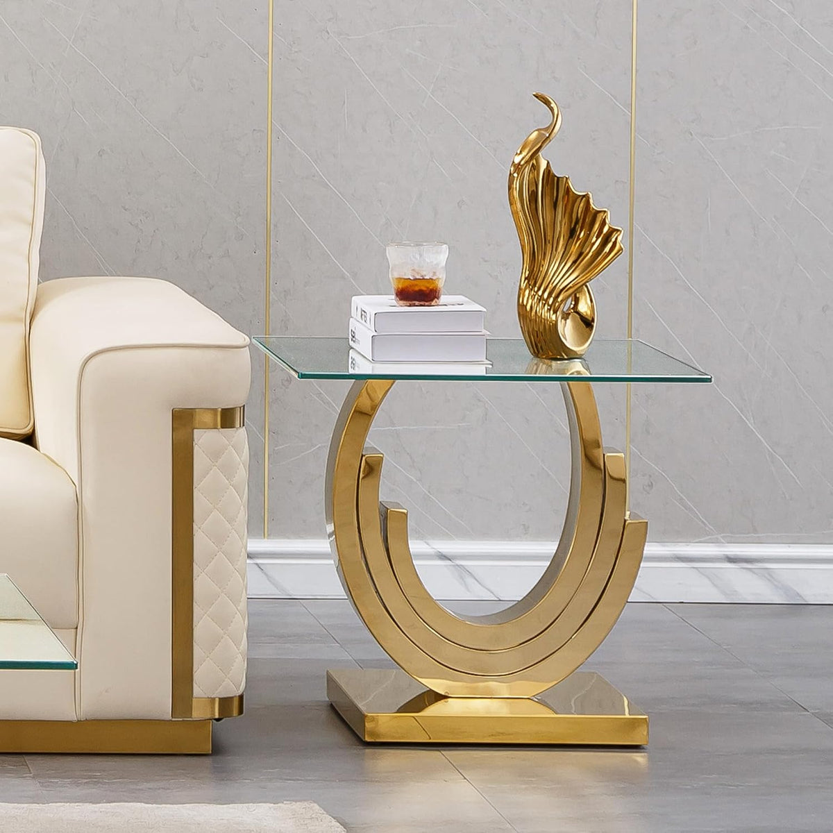 1 Piece Living Room End Table Luxury Glass Side Table, Elegant Gold End Table with Three Ring-Shape Stainless Steel Pedestal Base for Living Room Bedroom Office(1 End Table)