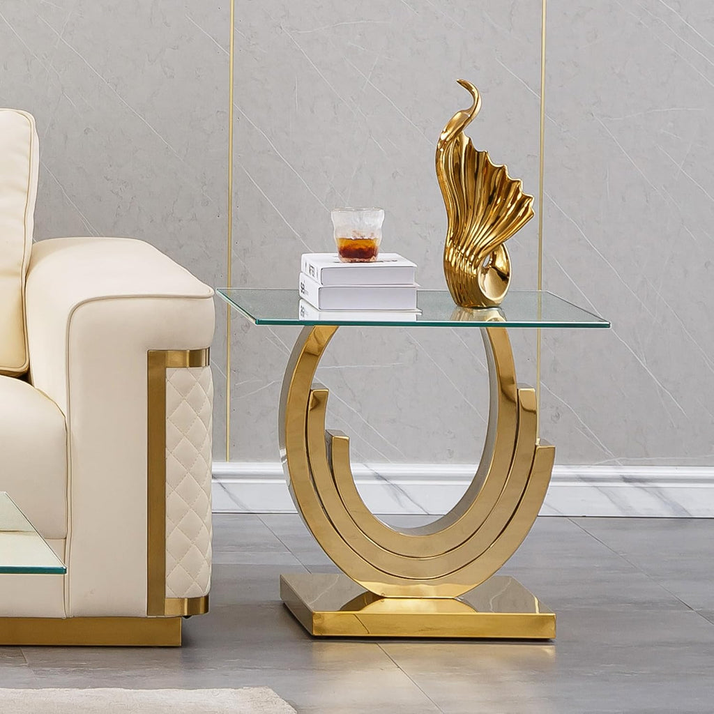 Modern Glass End Table, 22.8" Sofa Side Table with Gold Stainless Steel Frame and Clear Glass Top, Cocktail Tea Table, Square End Table Bedside Table Nightstand for Home Office