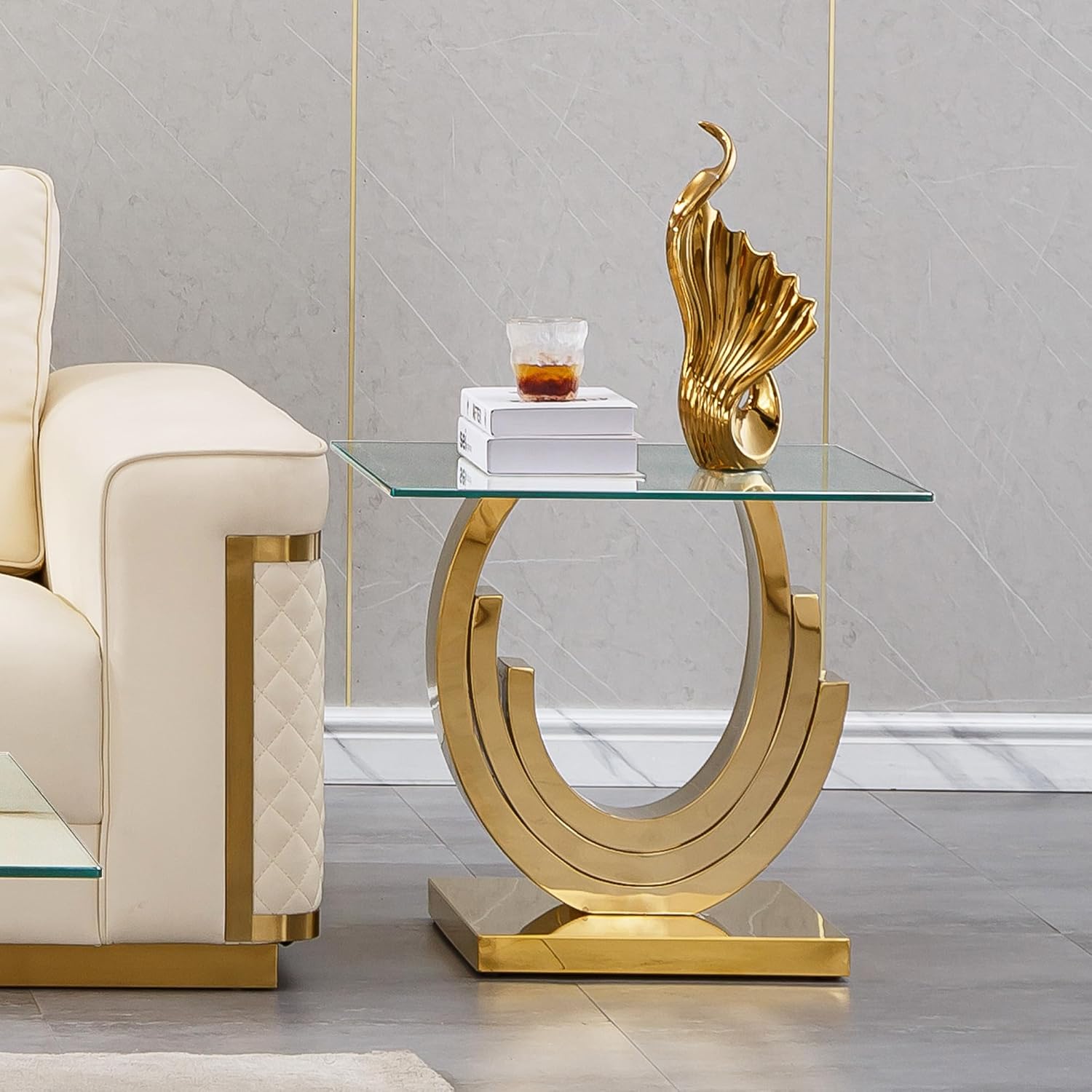 Modern Glass End Table, 22.8" Sofa Side Table with Gold Stainless Steel Frame and Clear Glass Top, Cocktail Tea Table, Square End Table Bedside Table Nightstand for Home Office