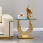 Modern End Table, Living Room End Table with Tempered Glass Top & Geometric Shape Stainless Steel Legs, Square End Table, Luxury Glass Sofa Side Table, Bedside Table, Small Accent Table, Gold