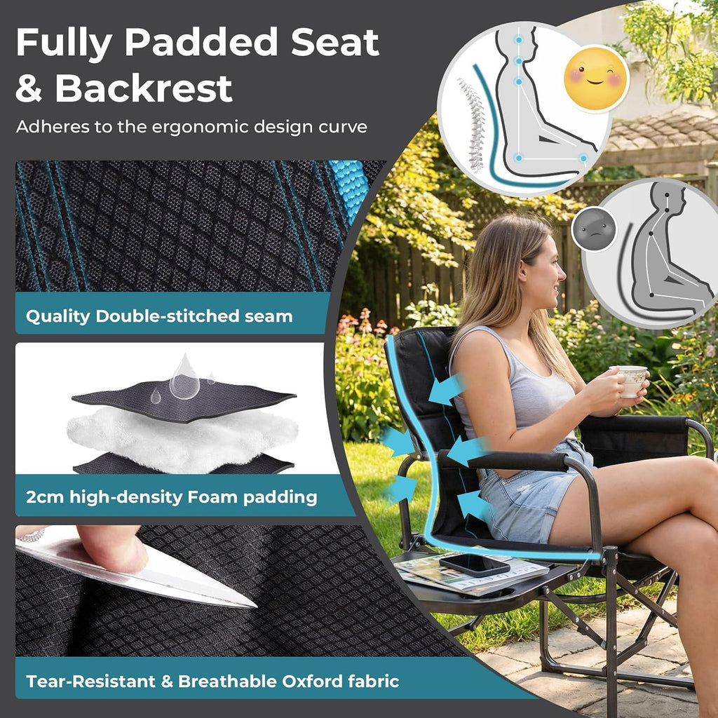 FUNDANGO Oversized Folding Chairs for Outside, Fully Padded Camping Director Chair for Adults, Support 450lbs Portable lawn chairs with Side Table, Side Pockets for outdoor Camp, Picnic, Lawn, Concert