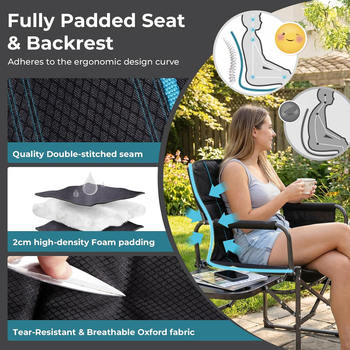 FUNDANGO Oversized Folding Chairs for Outside, Fully Padded Camping Director Chair for Adults, Support 450lbs Portable lawn chairs with Side Table, Side Pockets for outdoor Camp, Picnic, Lawn, Concert