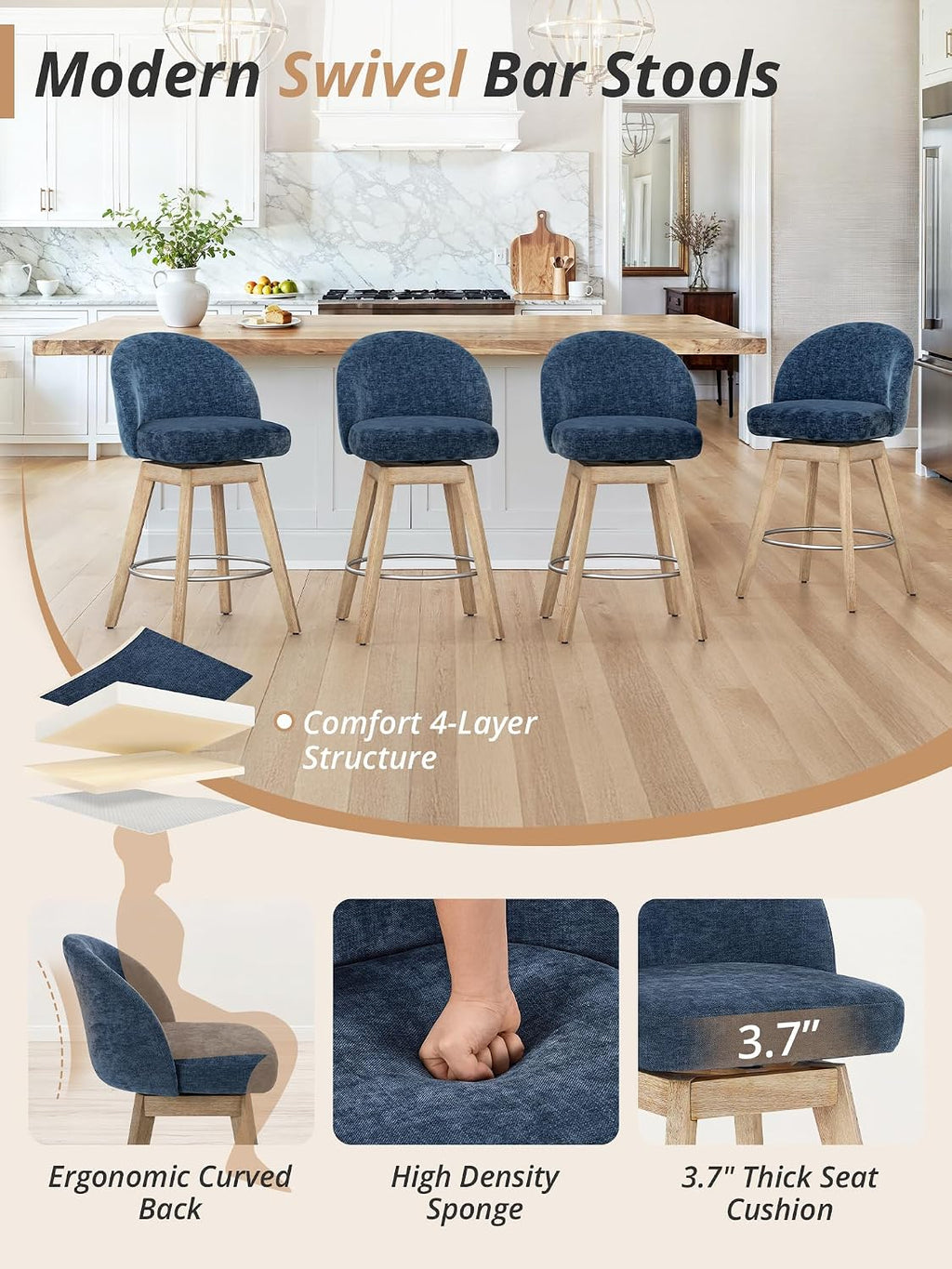 LUE BONA 360° Swivel Bar Stools Set of 4, 26" Wood Legs, Fabric Blue