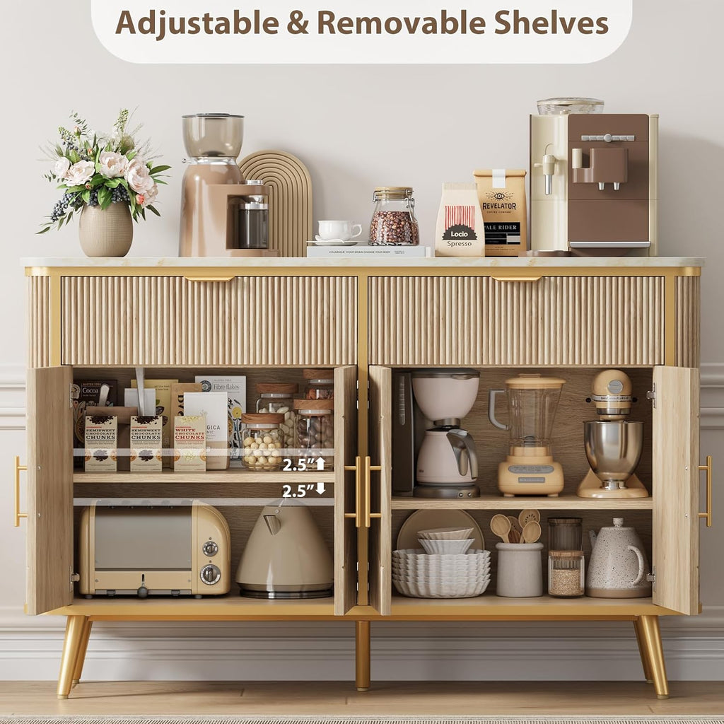 47.2" Buffet Storage Cabinet, Modern Fluted Coffee Bar Station with 2 Drawers & Adjustable Shelves, Kitchen Sideboard Buffet for Dining Room, Living Room, Hallway, Natural Oak