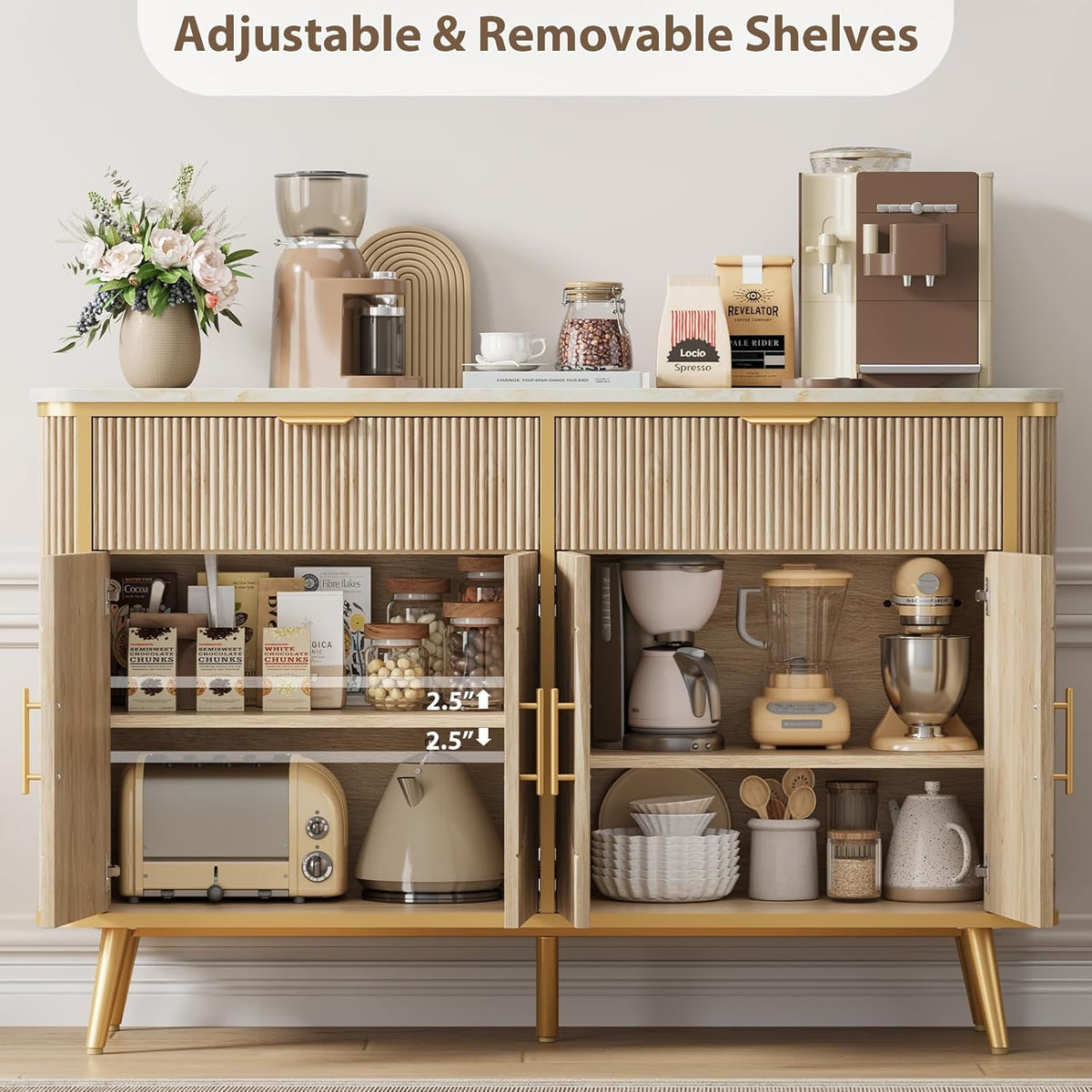 47.2" Buffet Storage Cabinet, Modern Fluted Coffee Bar Station with 2 Drawers & Adjustable Shelves, Kitchen Sideboard Buffet for Dining Room, Living Room, Hallway, Natural Oak
