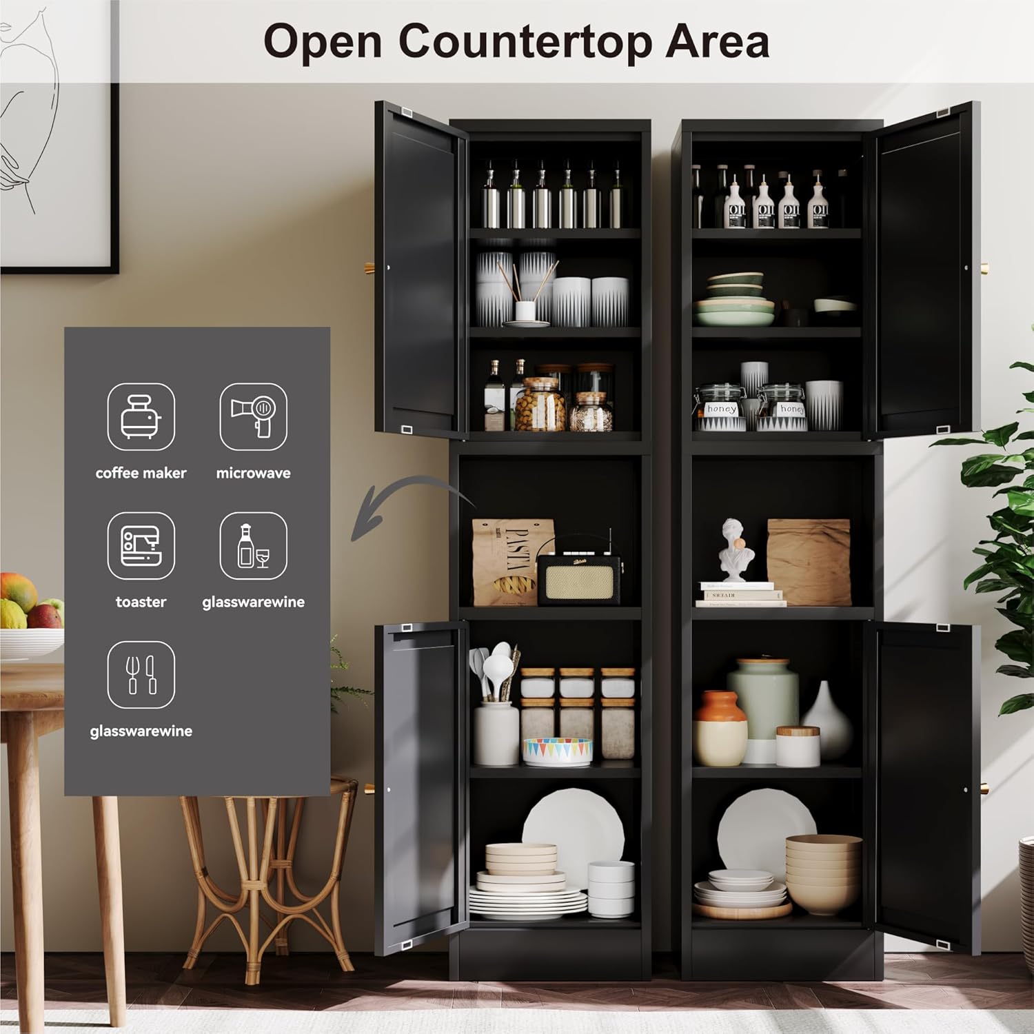YAUWOH 2-Door Metal Storage Cabinet, Tall Slim Pantry Organizer with 3 Adjustable Shelves (120LBS/Shelf), Anti-Tipping Waterproof Cabinet for Bathroom/Kitchen/Home Office/Small Spaces, (1PC,Black)