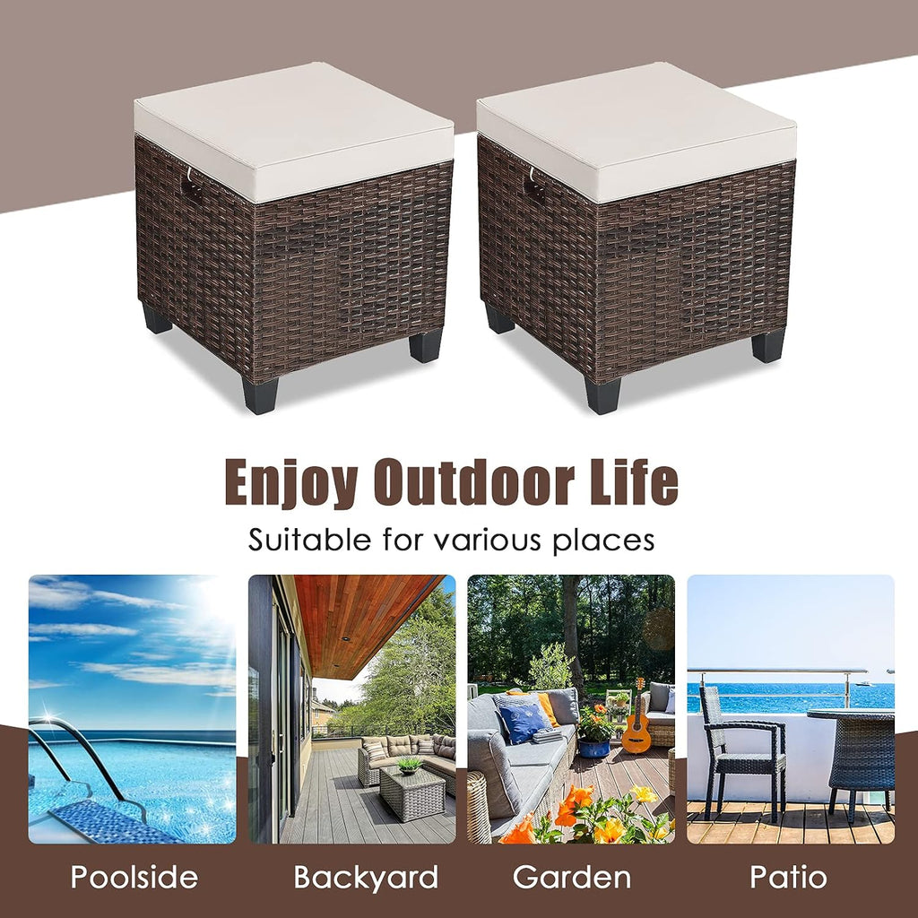 mayjooy 2-Piece Rattan Patio Ottoman, All Weather Wicker Ottoman w/Removable Cushion & Steel Frame, Outdoor Footstool Footrest Furniture (Brown) , 16”x16”x18